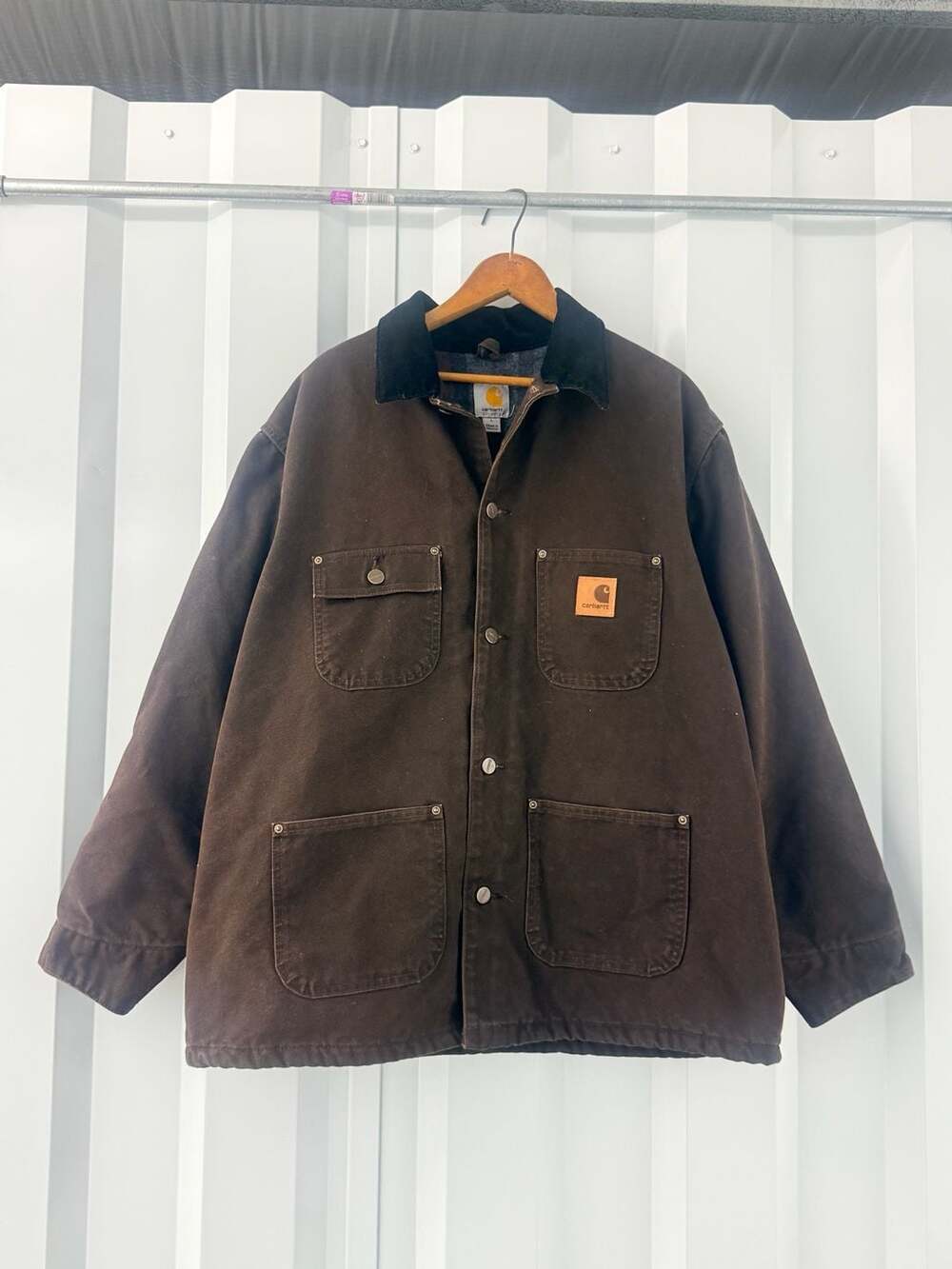 Carhartt Blanket Lined Chore Coat Brown Duck Workwear Jacket L Corduroy Collar